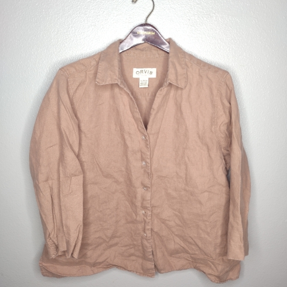 Orvis Women's Linen Top Blouse XL Tan 3/4 Sleeve Lagenlook Minimalist LIQ